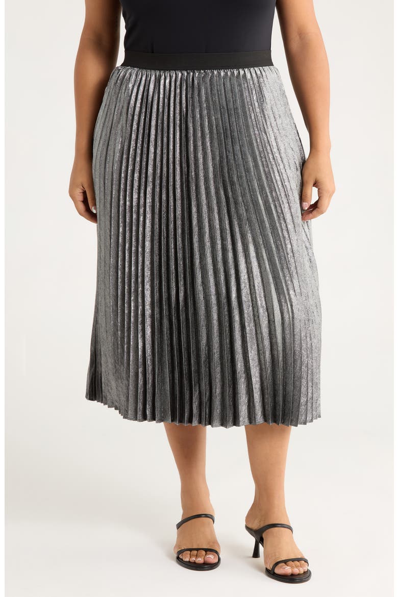 Pleated Metallic Midi Skirt, Main, color, SILVER