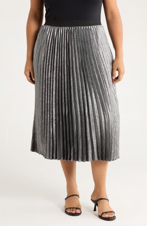 Pleated Metallic Midi Skirt (Plus)