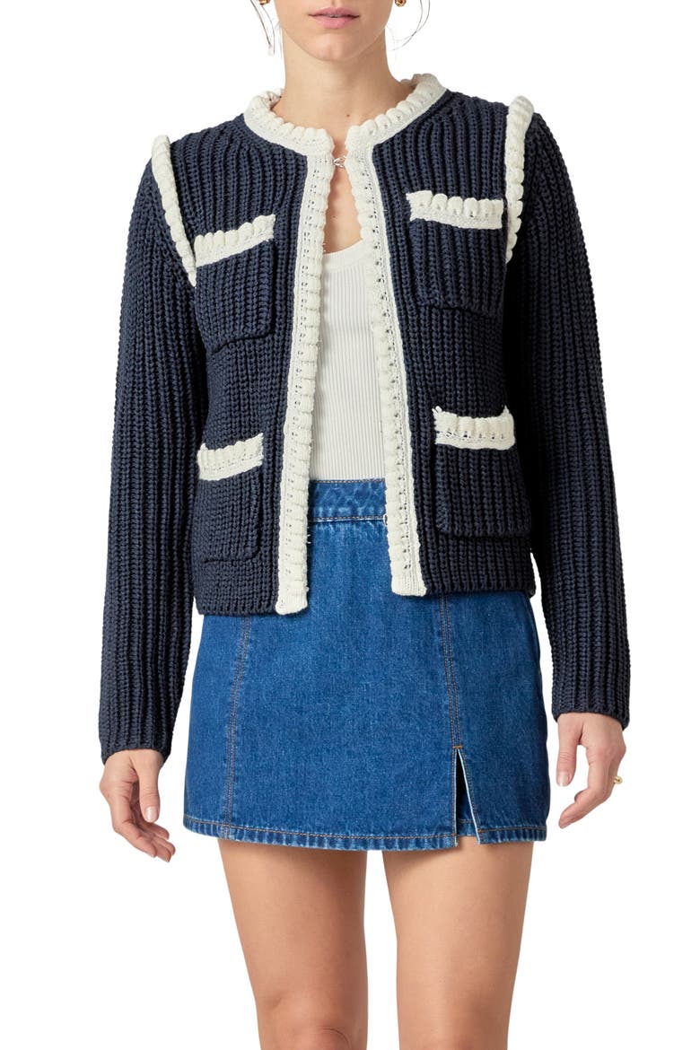 Colorblock Braided Cardigan, Main, color, NAVY/ WHITE