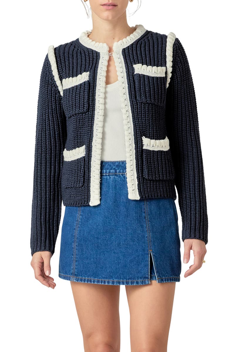 English Factory Colorblock Braided Cardigan, Main, color, Navy/ White