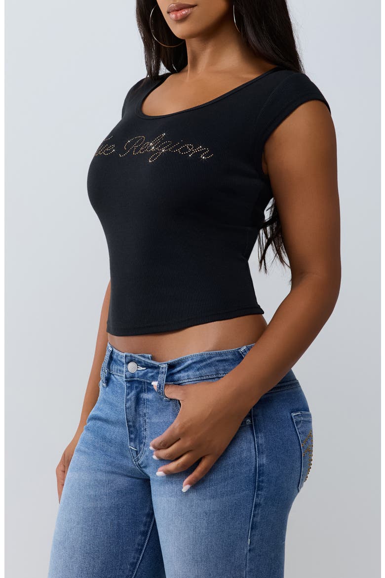 Script Ribbed Scoop Neck T-Shirt, Alternate, color, JET BLACK
