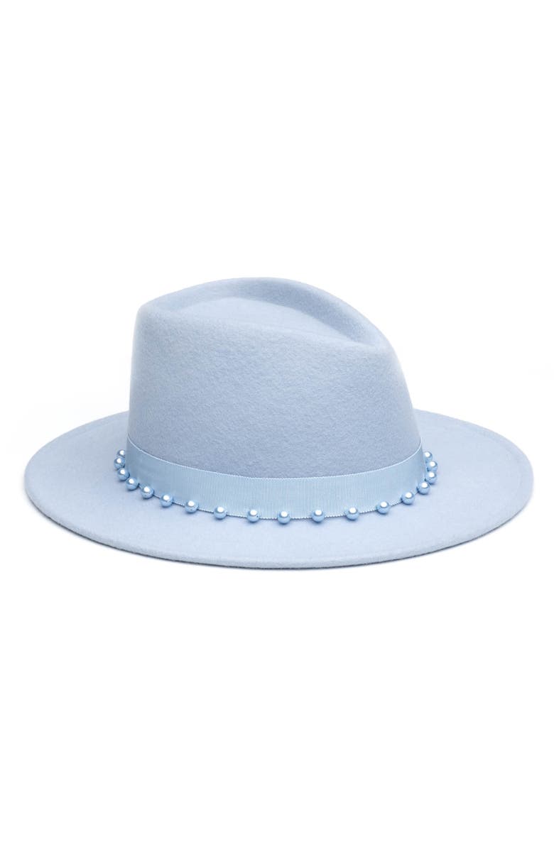 Eugenia Kim Swarovski Pearl Grosgrain Ribbon Wool Felt Fedora, Main, color, 