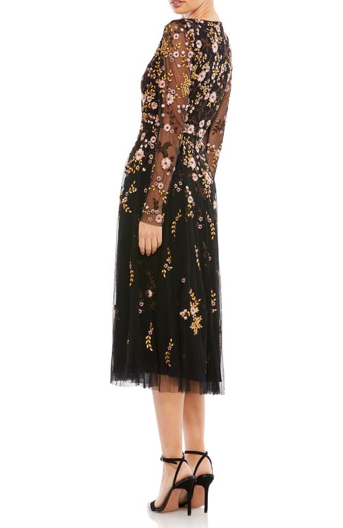 Mac Duggal Embroidered Wrap Over Illusion Sleeve Midi Dress In Black Multi