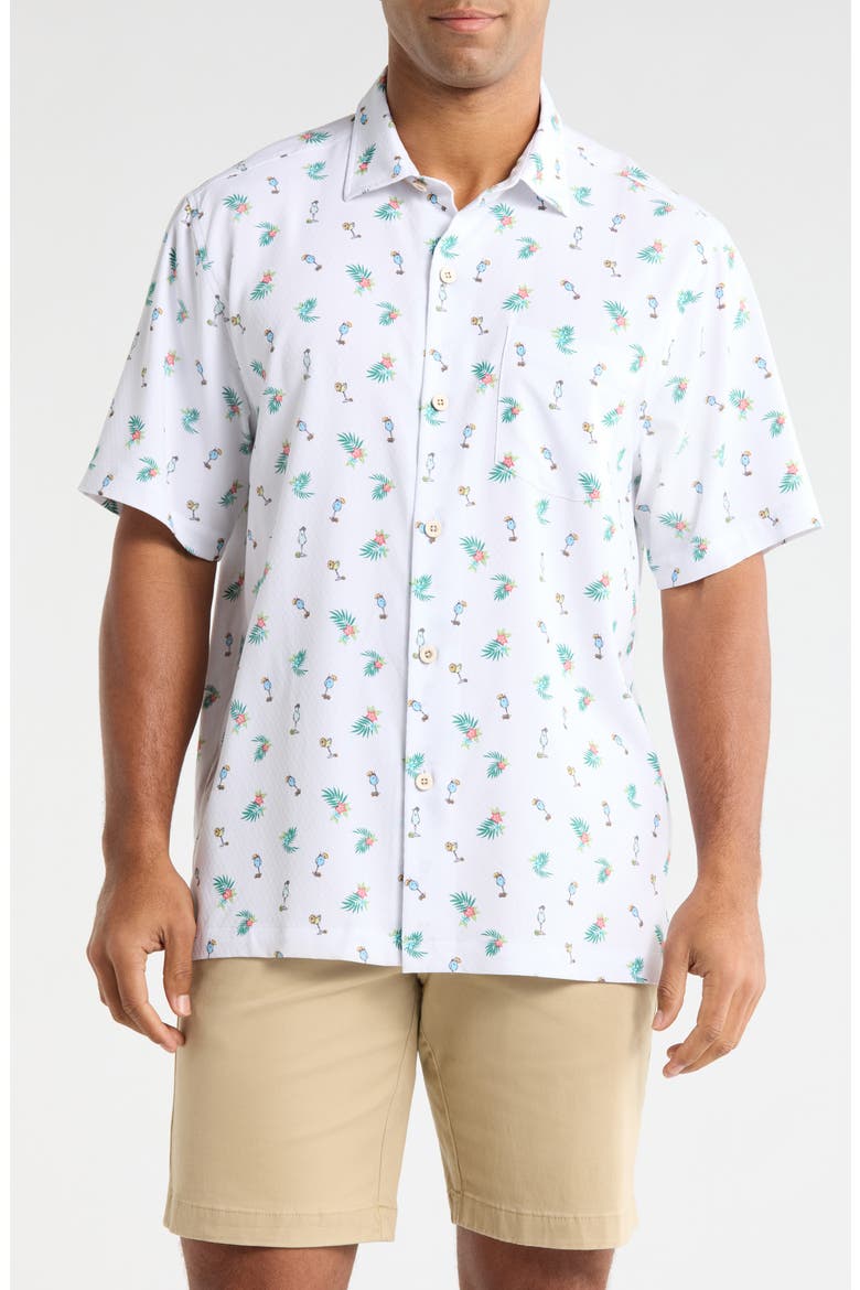 Coastal Ease Fiesta Fizz Cocktail Print IslandZone® Short Sleeve Button-Up Shirt, Main, color, OCEANA BLUE