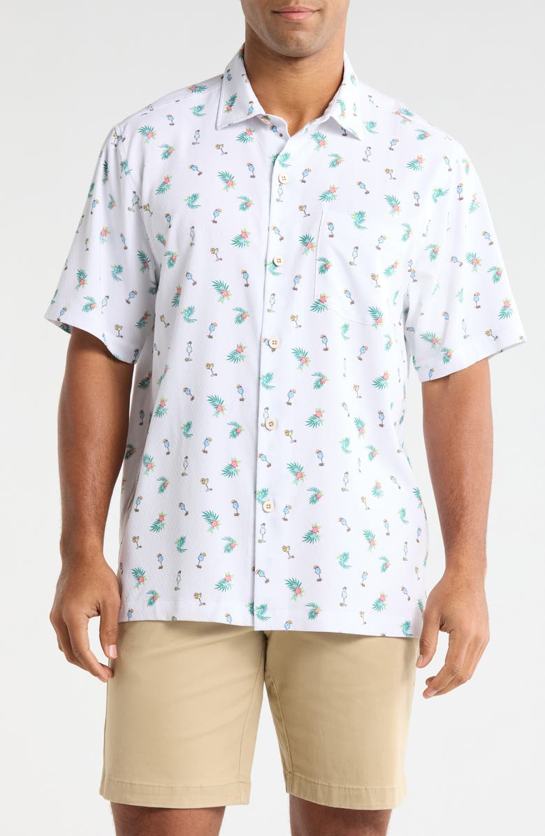 Tommy Bahama Coastal Ease Fiesta Fizz Cocktail Print IslandZone<sup>®</sup> Short Sleeve Button-Up Shirt, Main, color, Oceana Blue