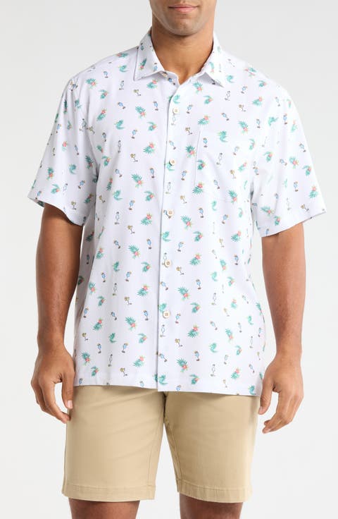 Coastal Ease Fiesta Fizz Cocktail Print IslandZone® Short Sleeve Button-Up Shirt