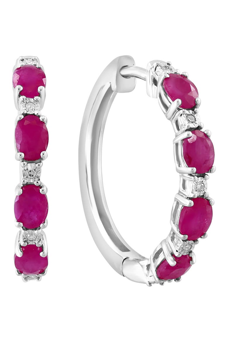 Sterling Silver Ruby & Diamond Hoop Earrings - 0.02 ctw, Main, color, RED