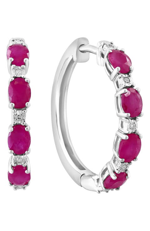 Sterling Silver Ruby & Diamond Hoop Earrings - 0.02 ctw