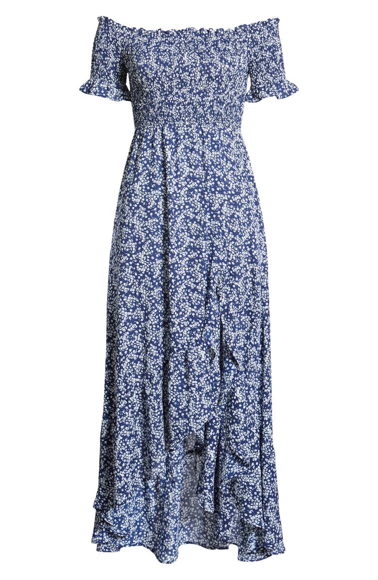 Lulus Fleur-tation Off the Shoulder High/Low Dress, Alternate, color, Navy/ White