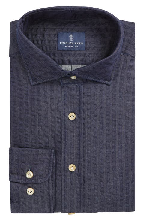 Crinkle Stripe Cotton Denim Button-Up Shirt