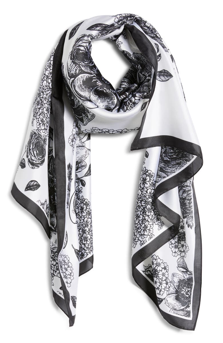 Tasha Floral Print Satin Scarf, Alternate, color, Black/ White