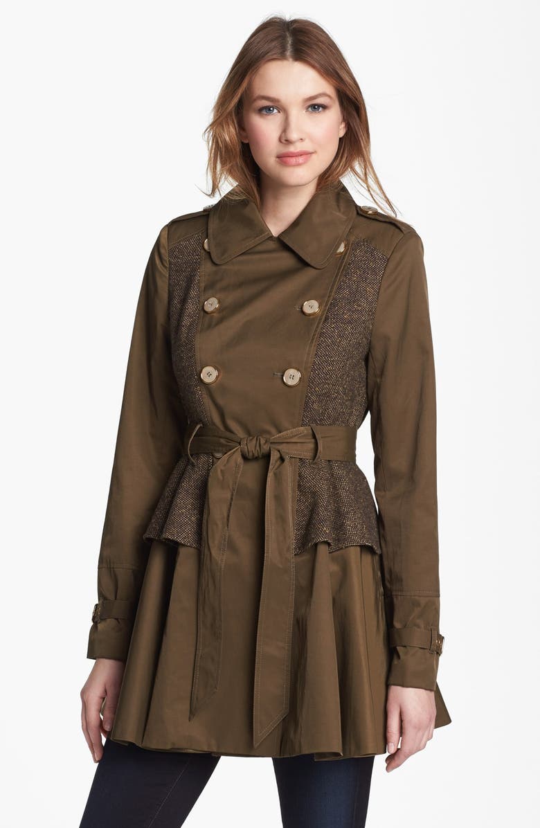 Steve Madden Tweed Panel Peplum Trench Coat, Alternate, color, 