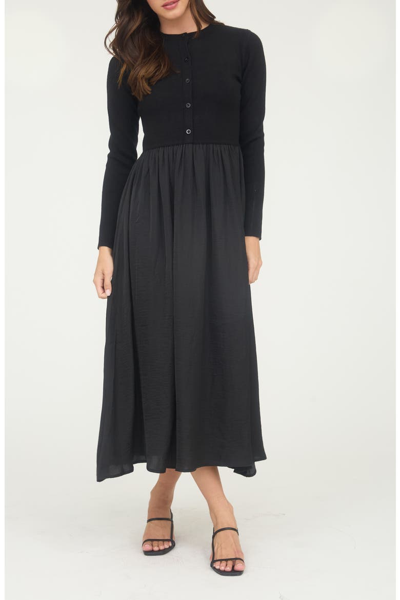 Mixed Media Long Sleeve Maxi Dress, Main, color, BLACK