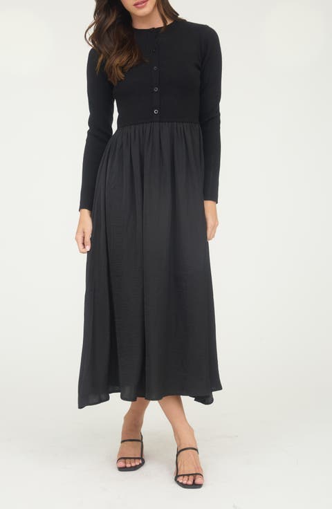 Mixed Media Long Sleeve Maxi Dress