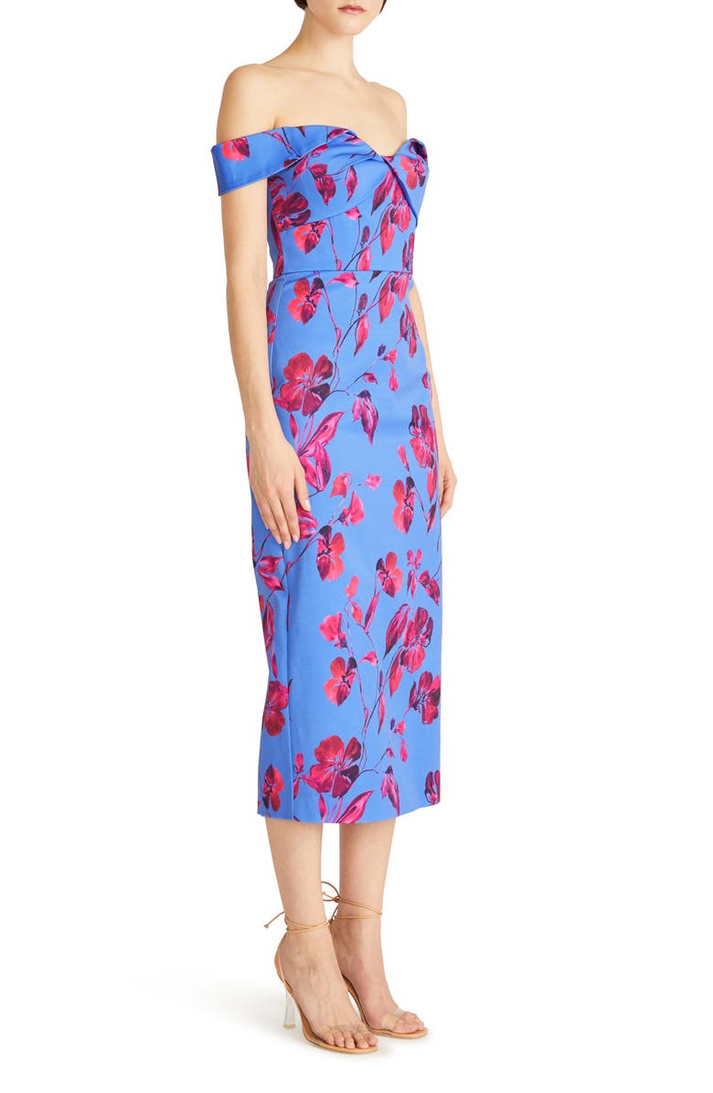 ML Monique Lhuillier Olivia Floral Off the Shoulder Faille Midi Dress, Alternate, color, 