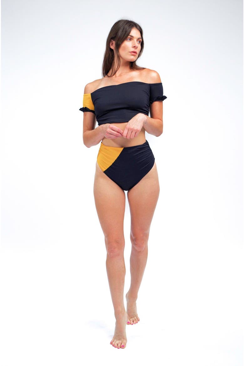 Cali Off-The-Shoulder Bikini Crop Top With Short Sleeves, Alternate, color, Black and Mustard Yellow