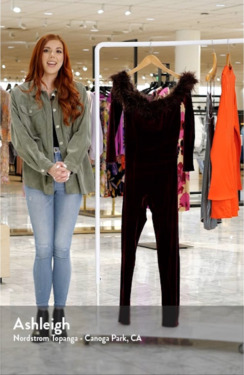 Salima Feather Trim Off the Shoulder Long Sleeve Velvet Jumpsuit, sales video thumbnail