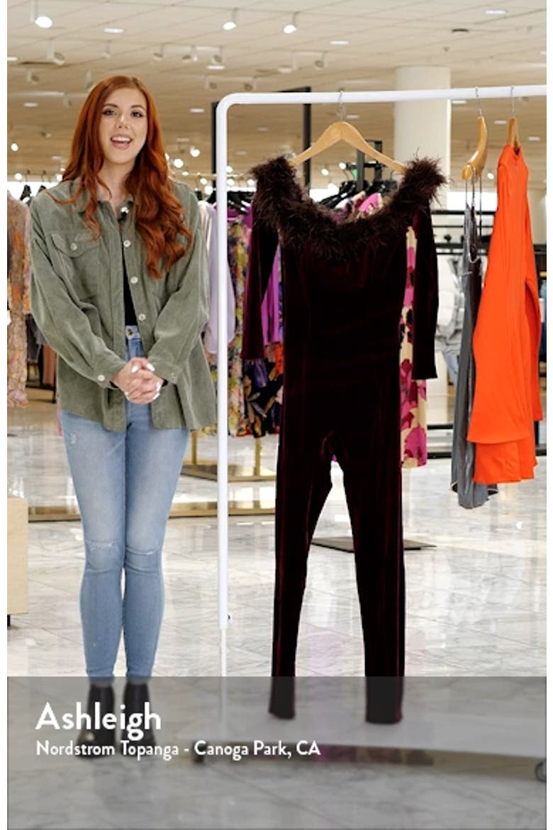 Salima Feather Trim Off the Shoulder Long Sleeve Velvet Jumpsuit video