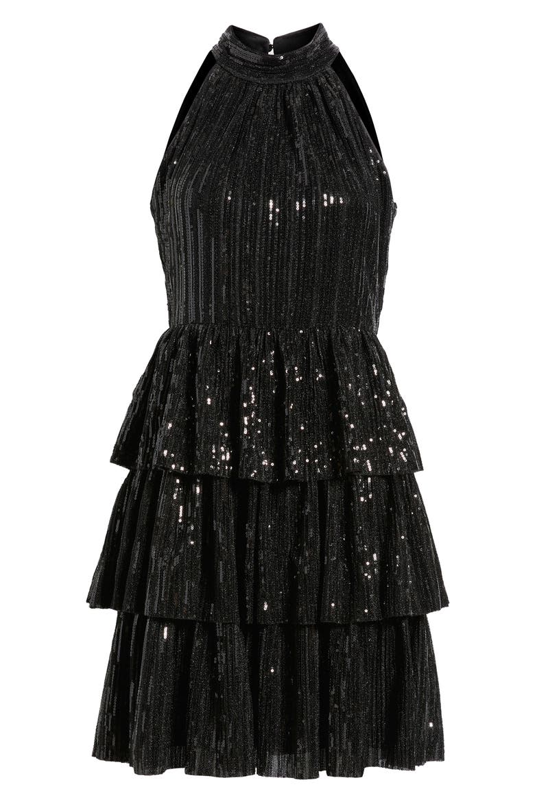 Sequin Tiered Halter Party Dress, Alternate, color, BLACK