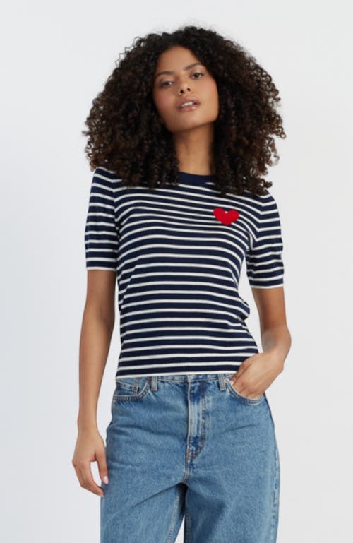 Chinti & Parker Pure Merino Heart Breton Short Sleeve Sweater In Navy/cream/true Red