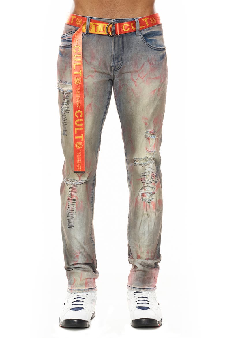 Rocker Belted Slim Straight Leg Jeans, Main, color, GARNET