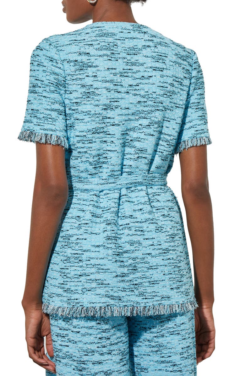 Ming Wang Fringe Trim Belted Short Sleeve Tweed Jacket, Alternate, color,
