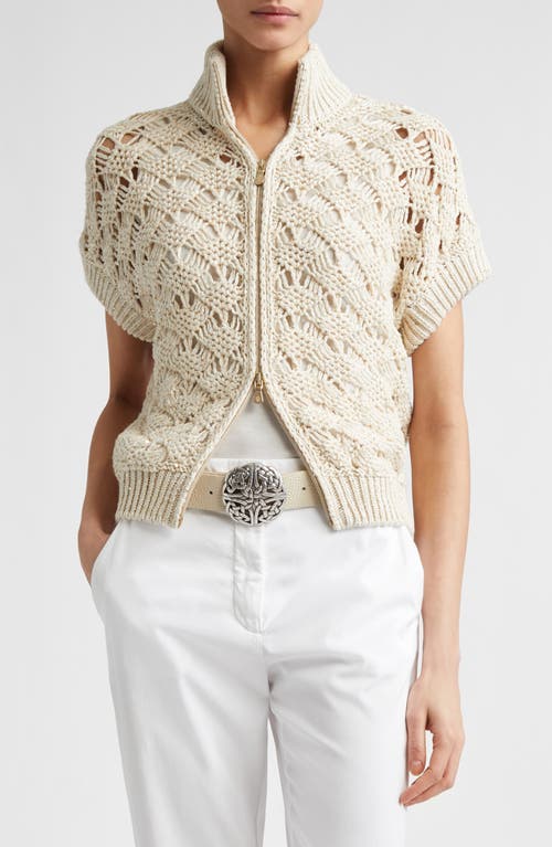 Eleventy Sequin Crochet Short Sleeve Cardigan In Neutral