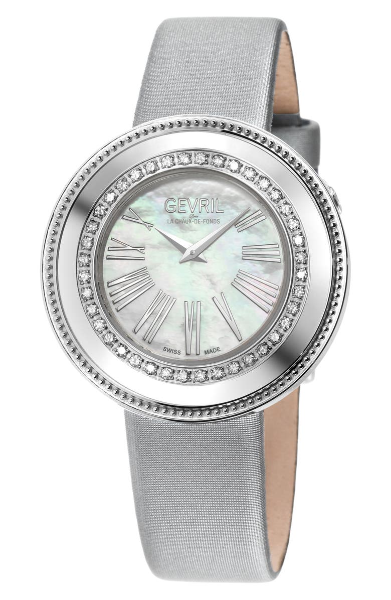 GEVRIL Gandria Diamond Bezel Mother-of-Pearl Dial Leather Strap Watch, 36mm, Main, color, Silver