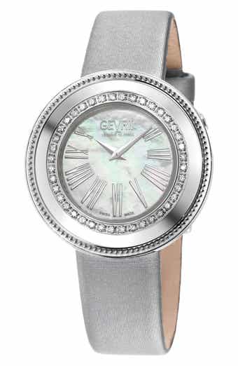 GEVRIL Gandria Diamond Bezel Mother-of-Pearl Dial Leather Strap Watch, 36mm