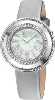 GEVRIL Gandria Diamond Bezel Mother-of-Pearl Dial Leather Strap Watch, 36mm