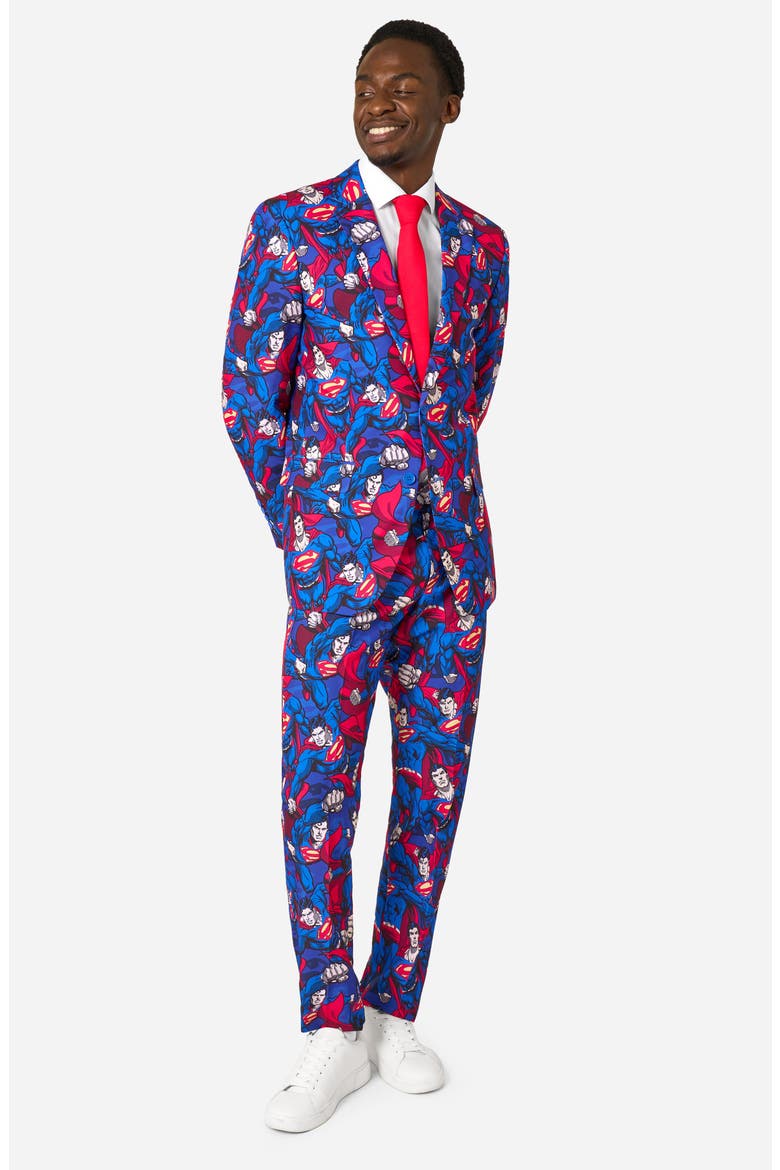x Superman The Man of Steel Slim Fit Two-Piece Suit & Tie Set, Alternate, color, BLUE MULTI