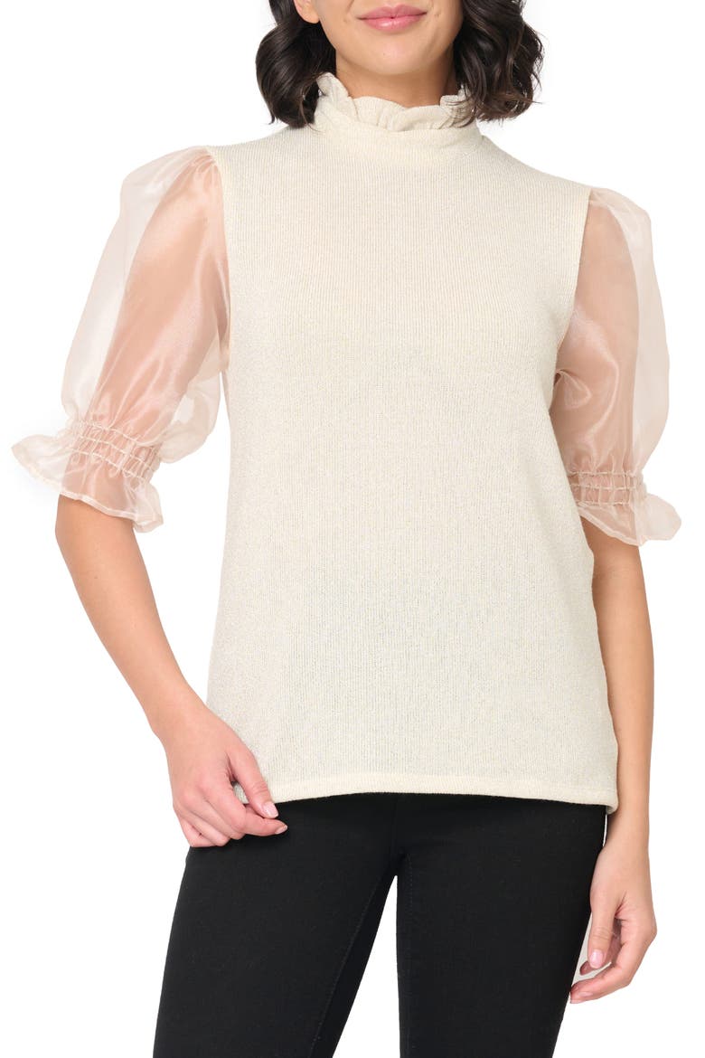 Mixed Media Organza Sleeve Metallic Knit Top, Main, color, CHAMPAGNE