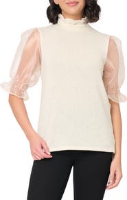 GIBSONLOOK Mixed Media Organza Sleeve Metallic Knit Top
