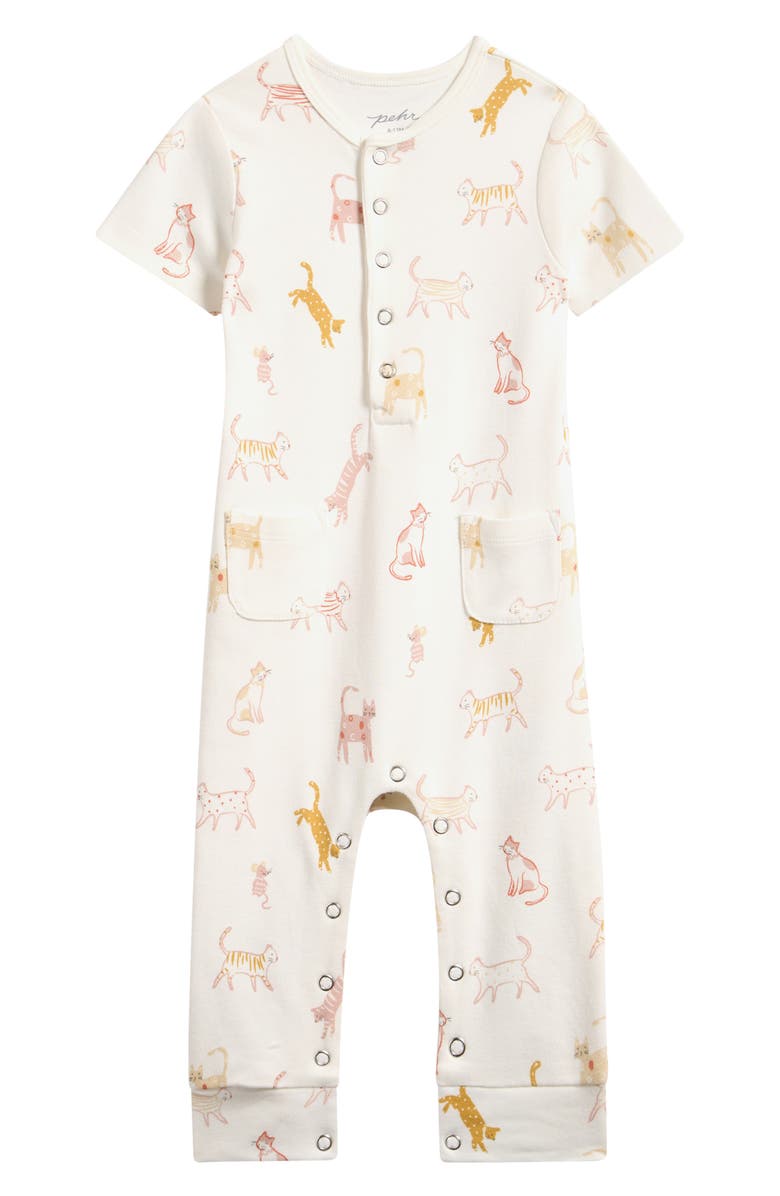 Pehr Copy Cat Print Organic Cotton Henley Romper, Main, color, Copy Cat