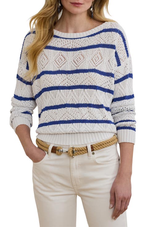 Stripe Pointelle Cotton Blend Sweater