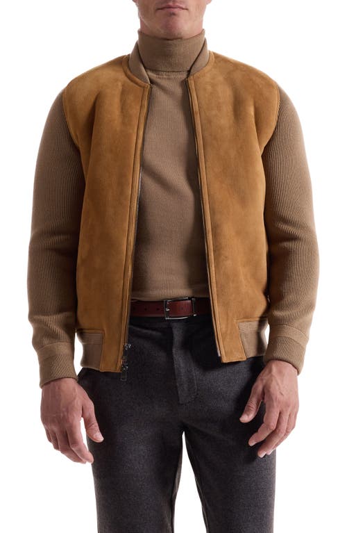 Bugatchi Genuine Shearling & Merino Wool Rib Bomber Jacket In Brown