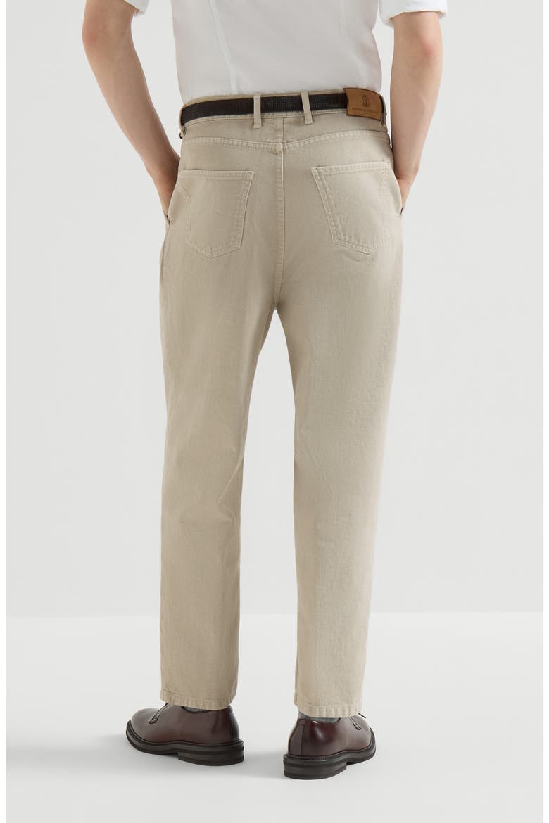Garment-dyed denim iconic fit five-pocket trousers with double pleats, Alternate, color, White