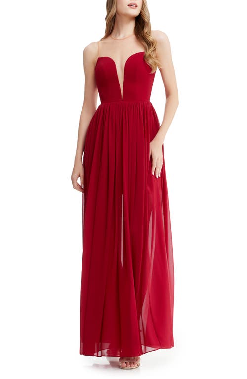 Dress The Population Eleanor Illusion Neck Gown In Burgundy
