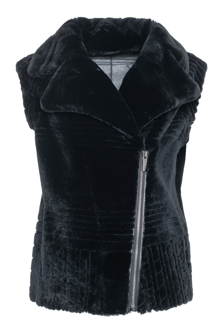 Genuine Shearling Zip Vest With Grooved Pattern, Alternate, color, BLACK