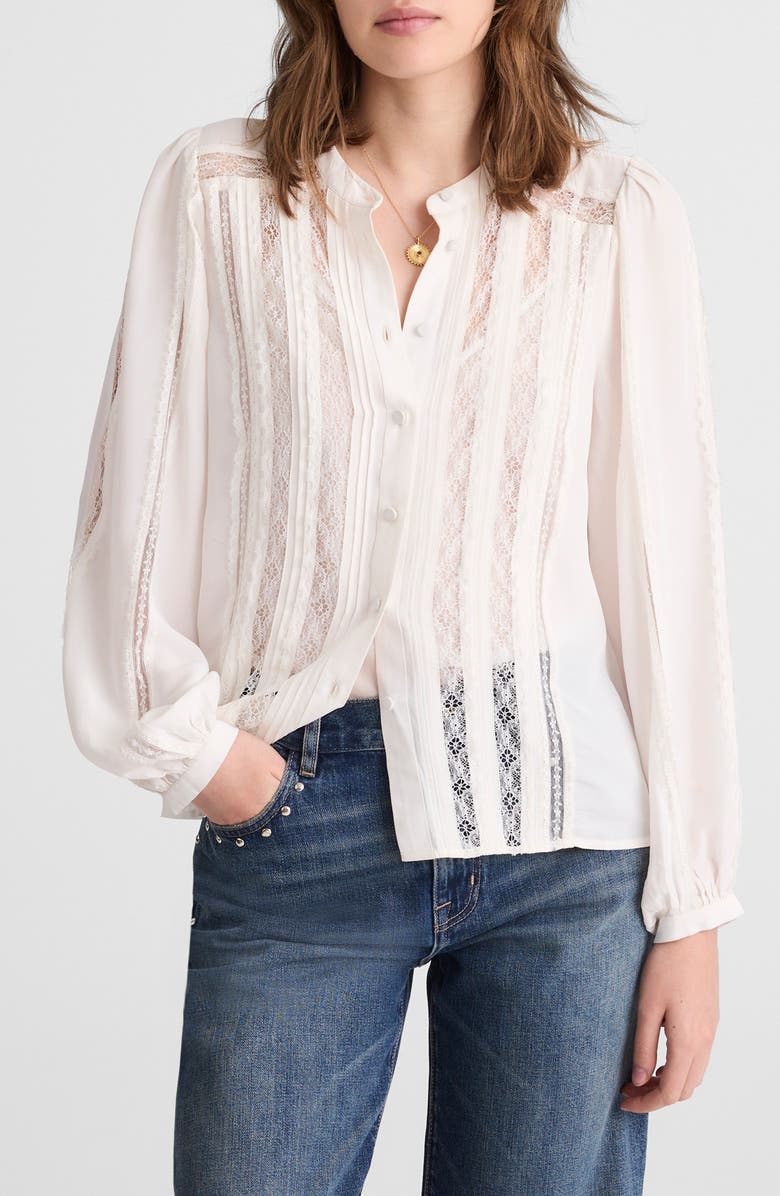 Madewell Lace Inset Long Sleeve Button-Up Top, Main, color, Winter White