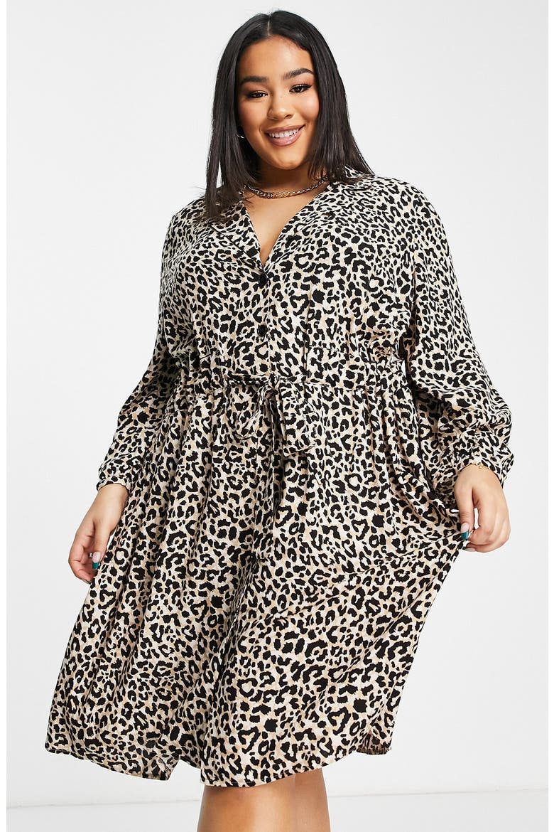 Curve Animal Print Long Sleeve Drawstring Waist Minidress, Alternate, color, BLACK MULTI
