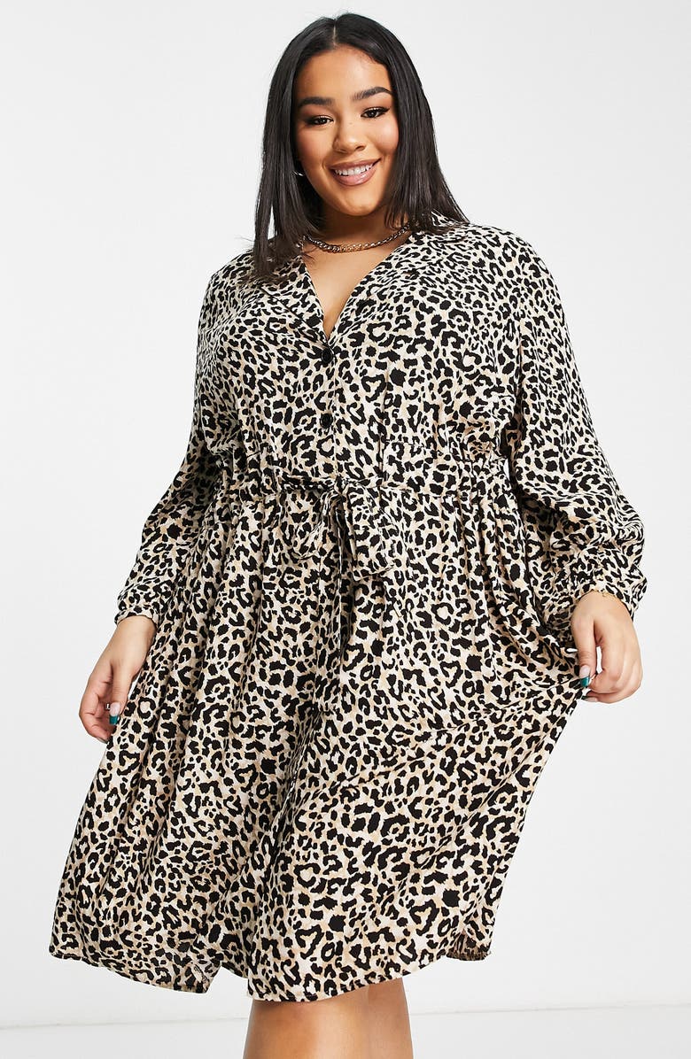 ASOS DESIGN Curve Animal Print Long Sleeve Drawstring Waist Minidress, Alternate, color, 