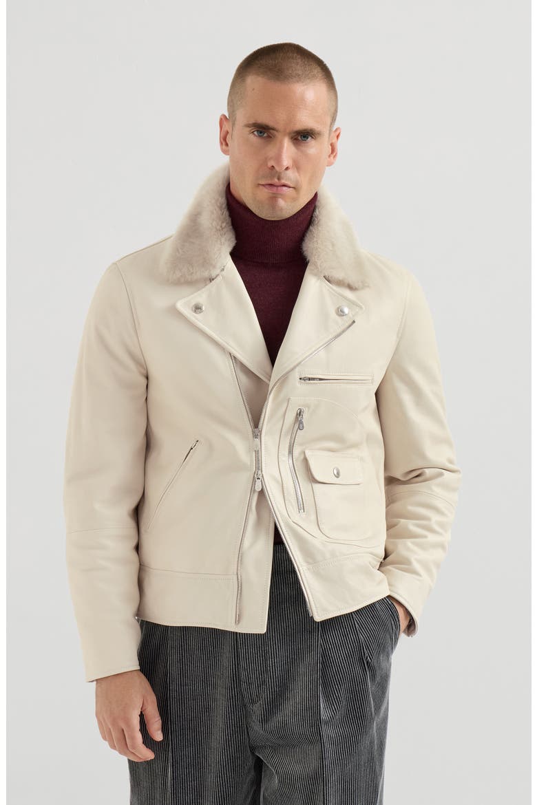 Nappa leather biker jacket with Thermore® padding and detachable shearling collar, Main, color, Ivory
