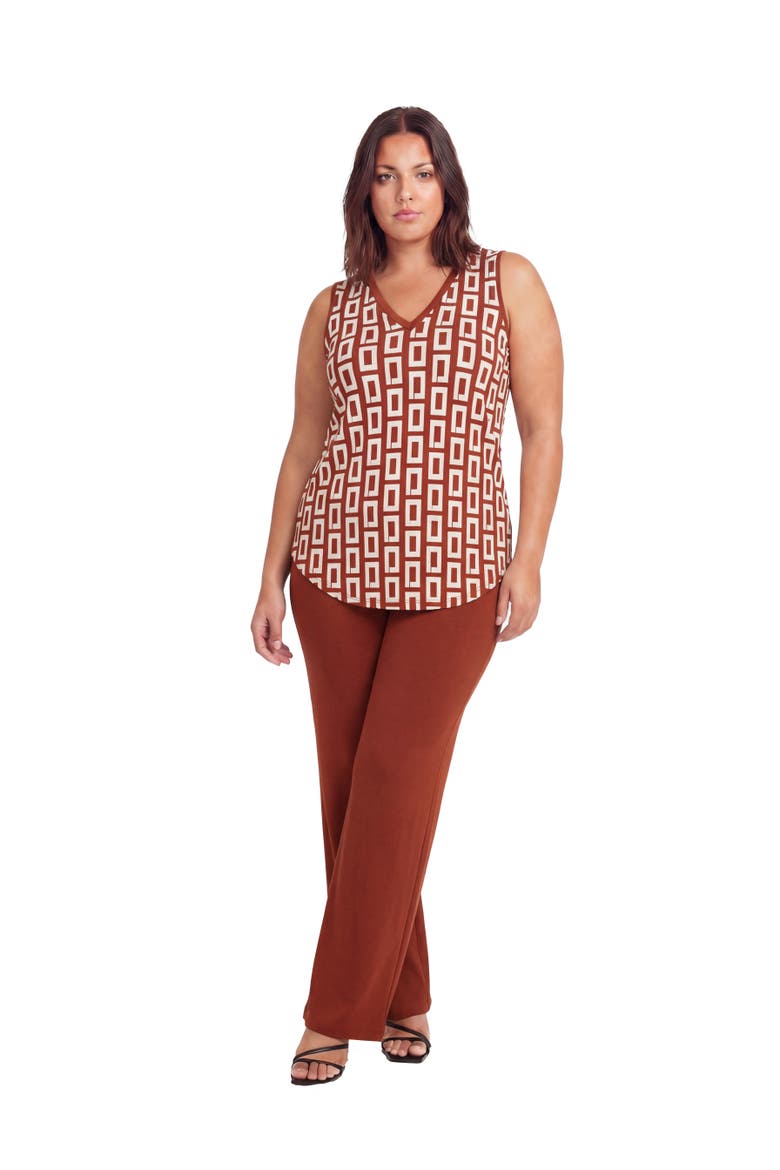 Curvy Essential Abstract Print V-Neck Sleeveless Round Hem Top and Elastic Waist Flared Pant Set, Main, color, Orange Multi