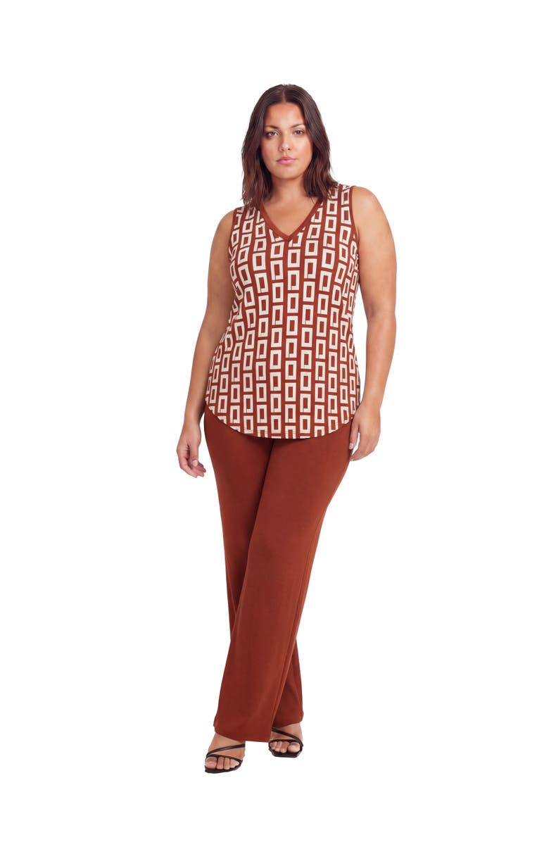 24seven Comfort Apparel Curvy Essential Abstract Print V-Neck Sleeveless Round Hem Top and Elastic Waist Flared Pant Set, Main, color, Orange Multi