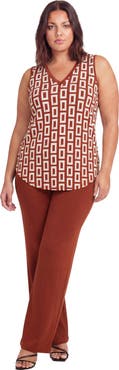 24seven Comfort Apparel Curvy Essential Abstract Print V-Neck Sleeveless Round Hem Top and Elastic Waist Flared Pant Set