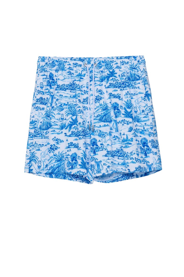 Summer Toile 5" Swim Trunks Swimsuit, Main, color, Blue-White