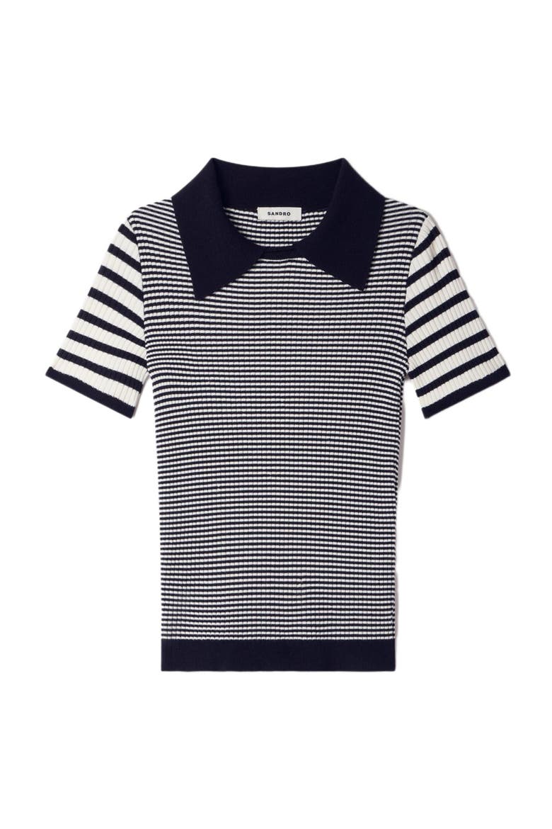 Striped polo-style sweater, Alternate, color, Black / ecru