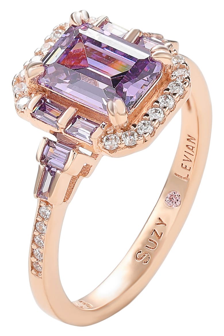 Rose Gold Plated Sterling Silver Emerald CZ Ring, Alternate, color, PURPLE