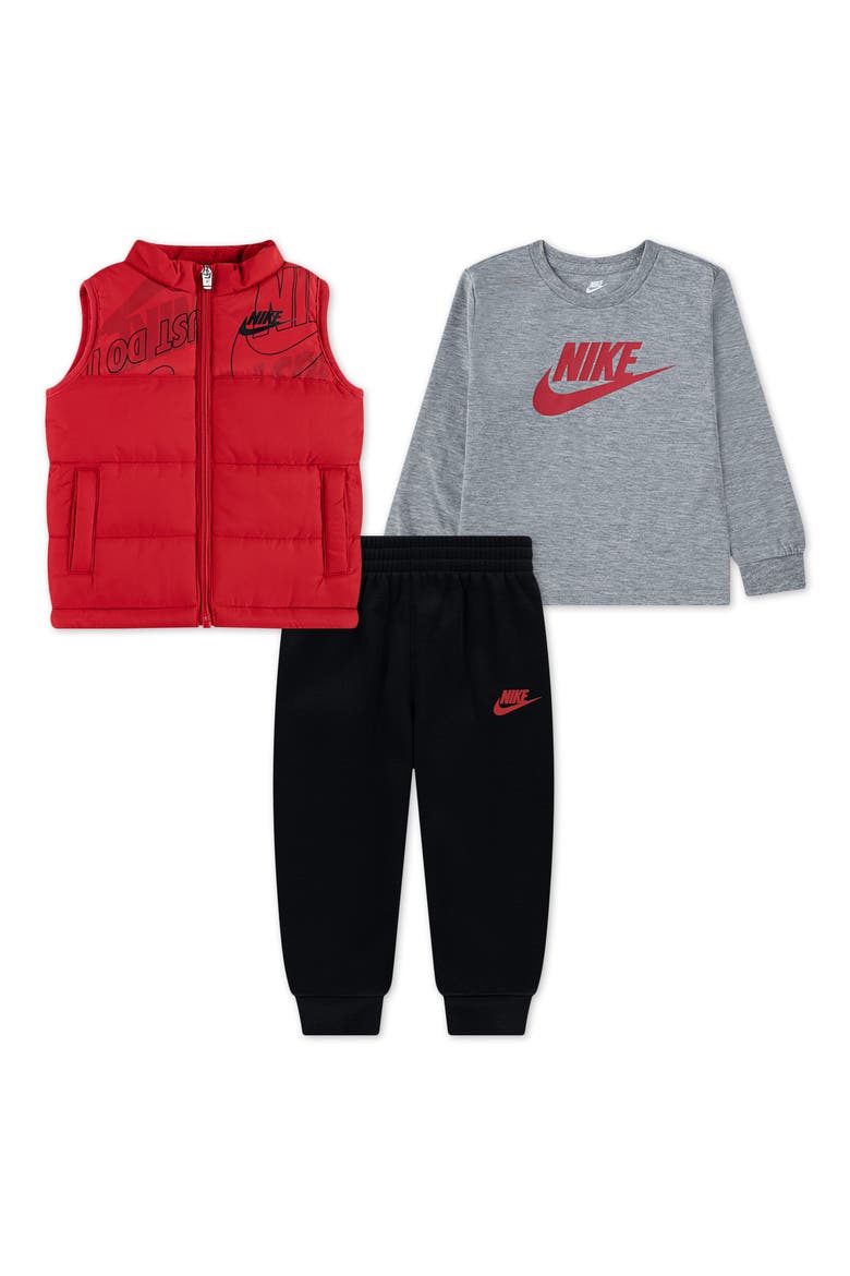 Kids' Colorblock Puffer Vest, Logo T-Shirt & Fleece Joggers Set, Main, color, 023BLACK